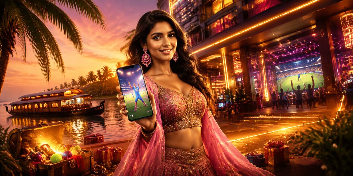 Kerala backwaters scenery with casino app on mobile