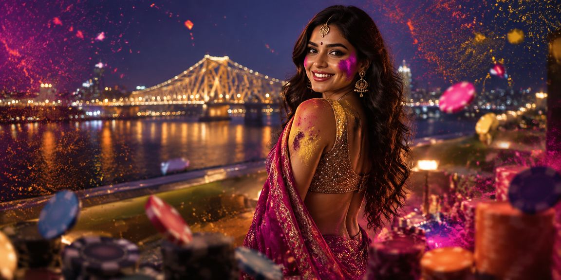 Kolkata Howrah Bridge with Holi Festival and cashback bonus advertisement
